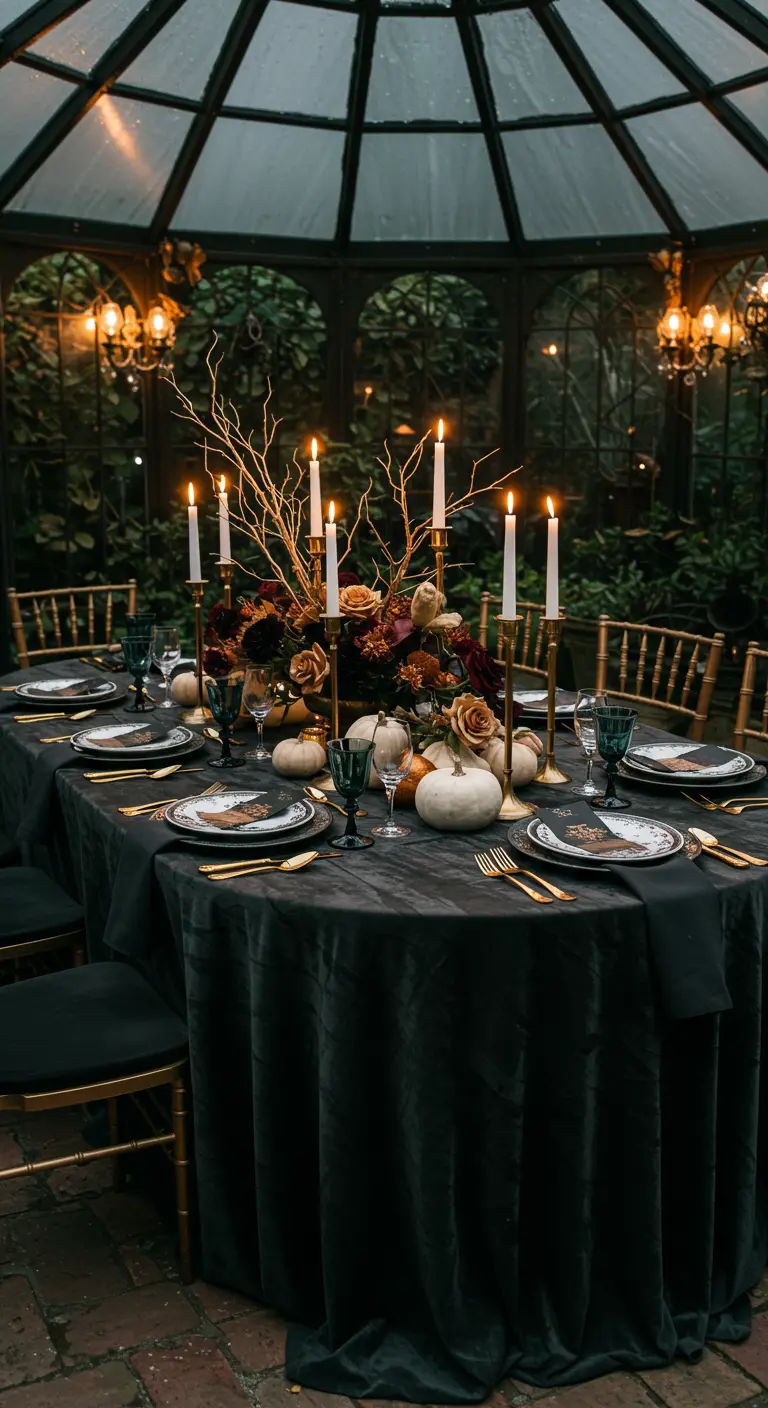 Table sombre dans véranda, nappe noire, chandeliers or, citrouilles blanches, fleurs foncées.