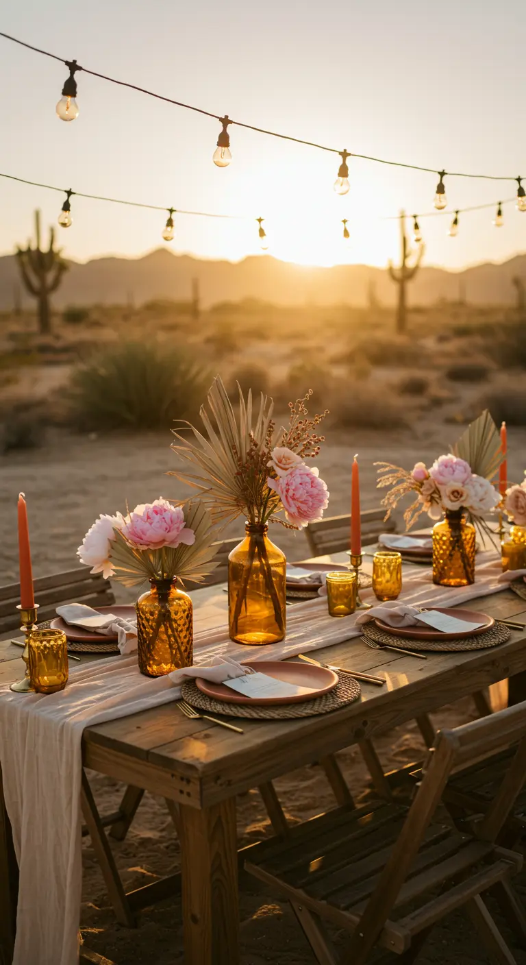 Table de mariage dans le désert au coucher du soleil, vases ambrés avec pivoines roses et palmes séchées, bougies.