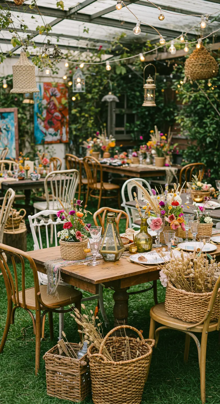 Petits paniers en corde et vases décorés de fleurs légères comme le gypsophile sur une table.