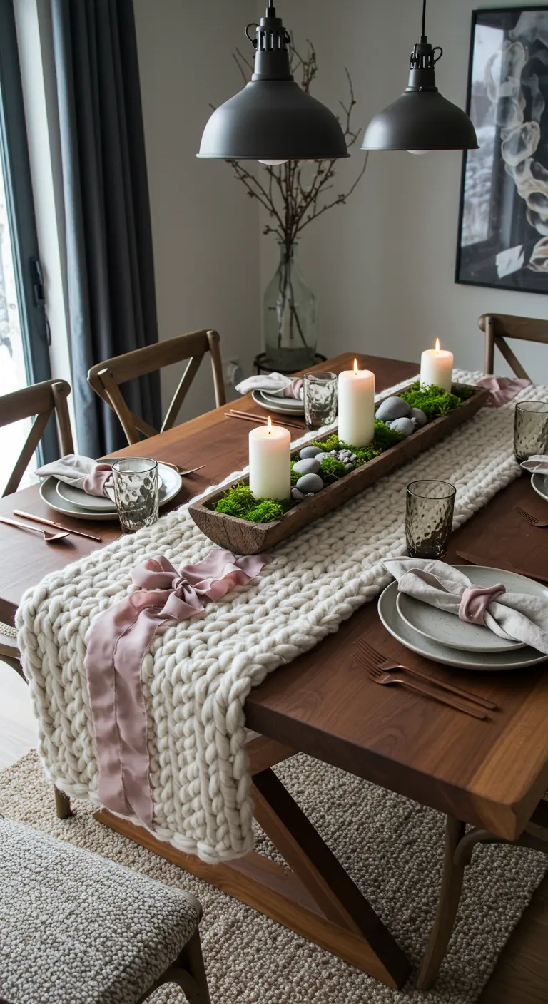 Chemin de table en grosse laine tricotée avec des rubans de satin rose sur une table en bois.