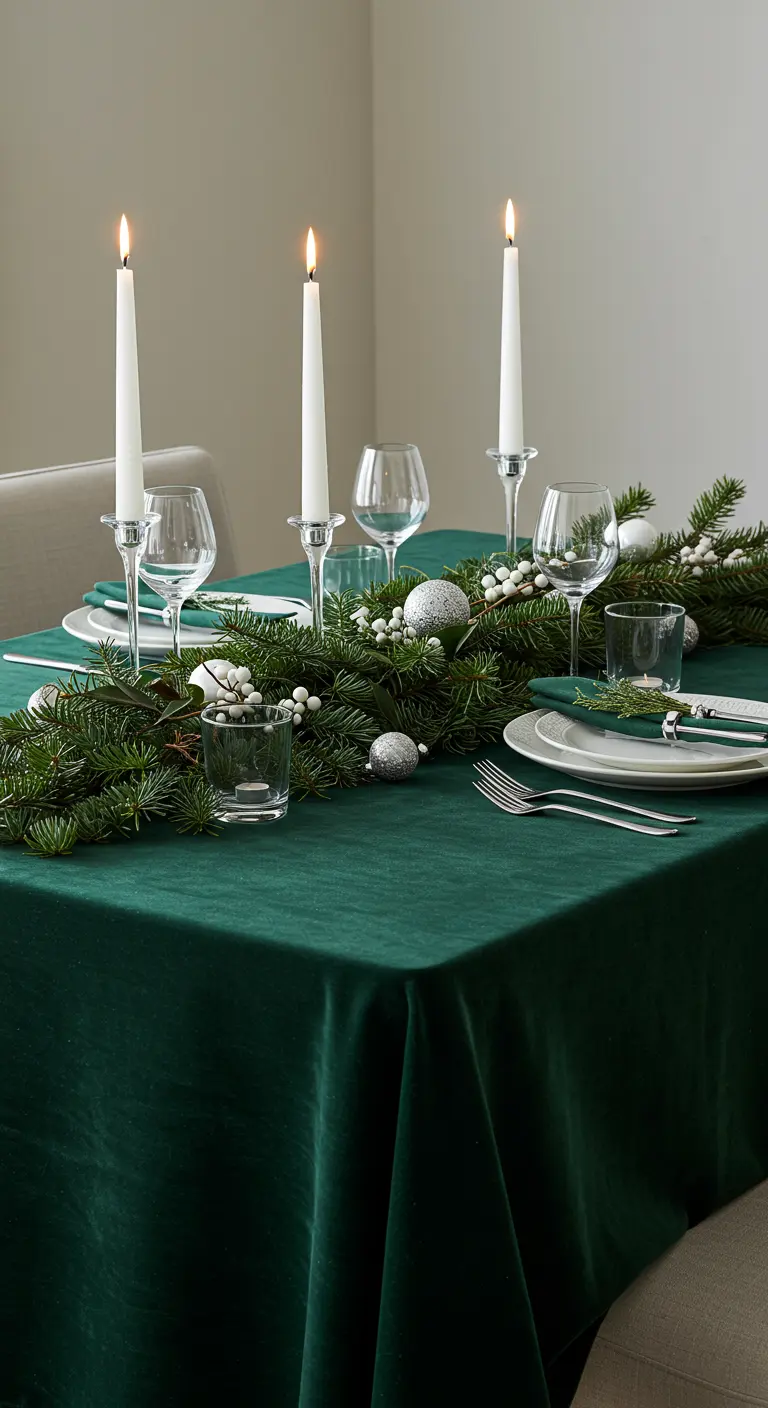 Table d'hiver élégante avec nappe en velours vert, guirlande de sapin, boules blanches et bougeoirs en verre.
