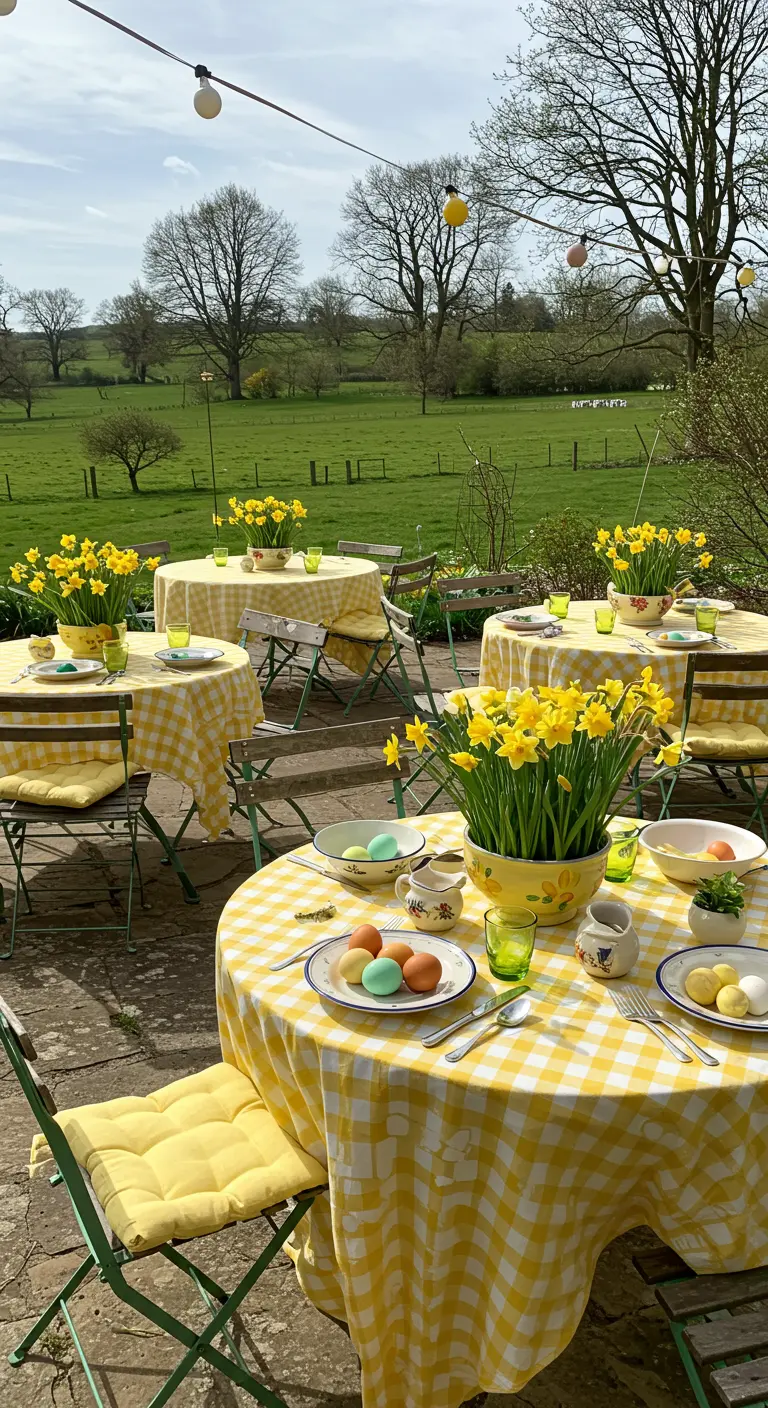 Tables de Pâques extérieures avec nappes jaunes à carreaux, narcisses et œufs décoratifs dans un jardin verdoyant.