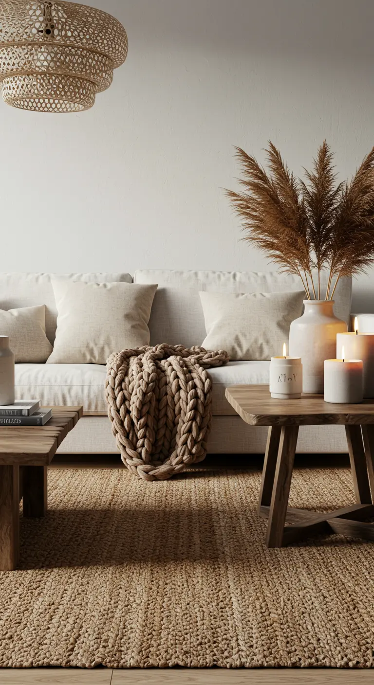 Salon avec canapé blanc, tapis en jute, et un très gros plaid en maille torsadée.