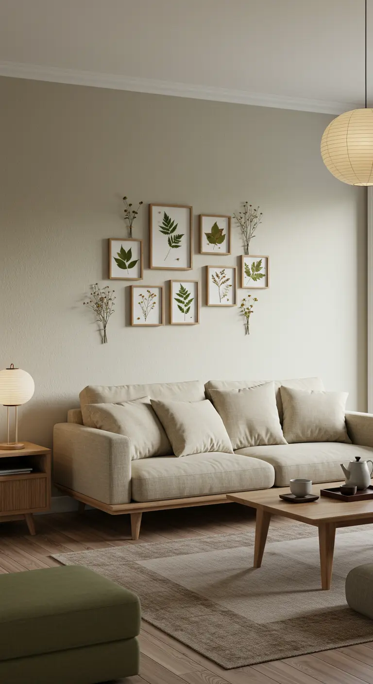 Mur clair décoré d'une collection de petits cadres en bois avec des herbiers et des bouquets séchés.
