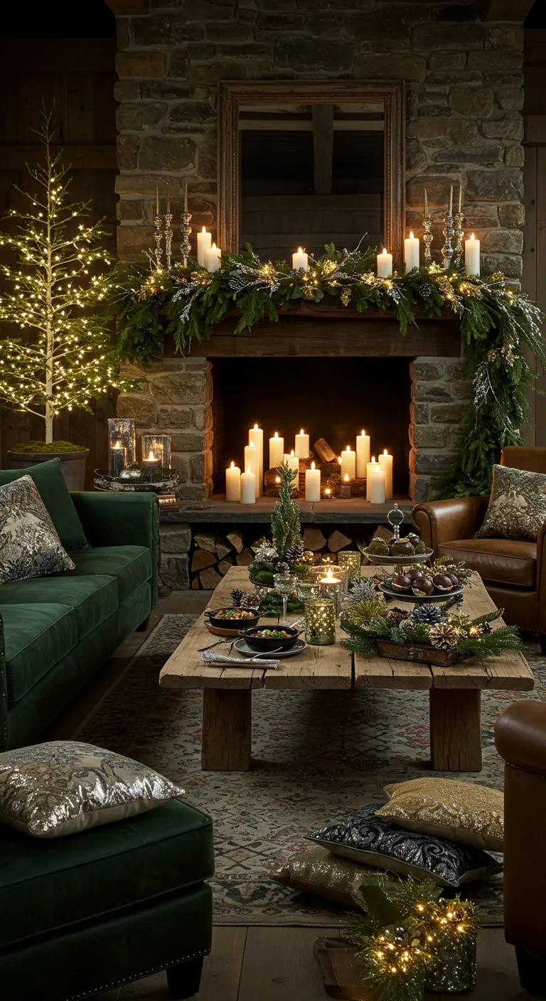 Un salon aux allures de forêt enchantée avec des guirlandes de sapin, des bougies et un sapin lumineux.