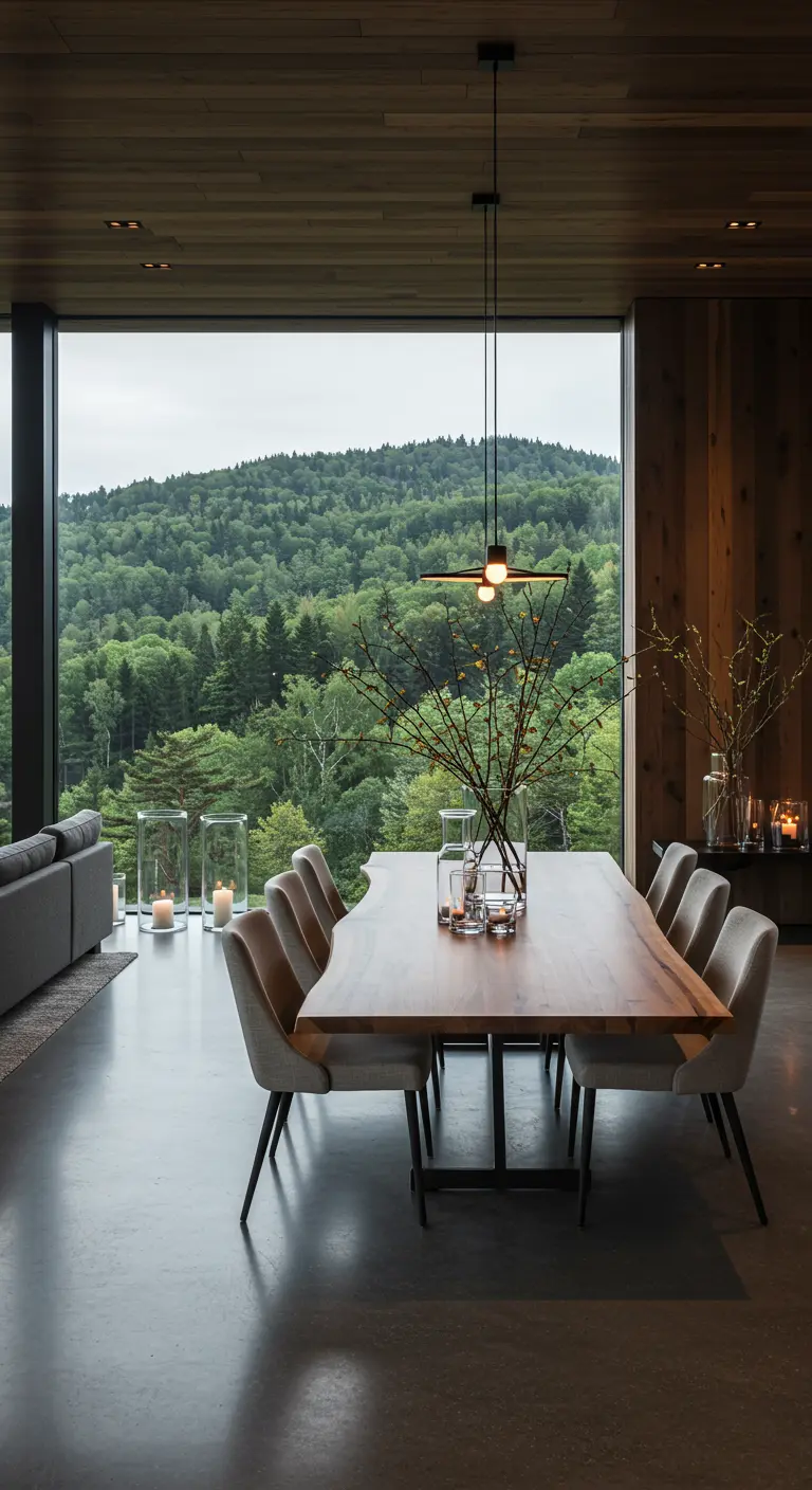 Longue table en bois avec branches sculpturales dans des vases et bougies