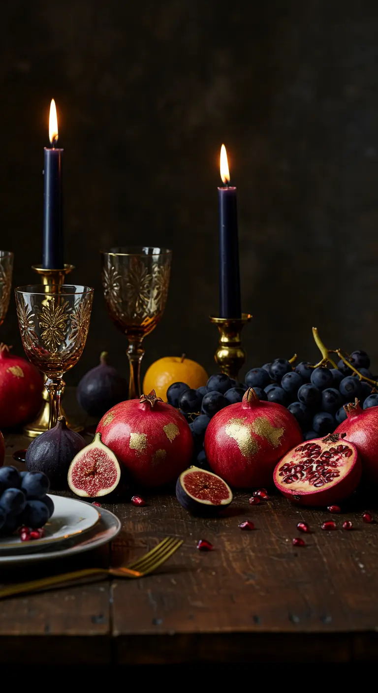 Table sombre décorée de grenades, figues, raisins et bougies noires.