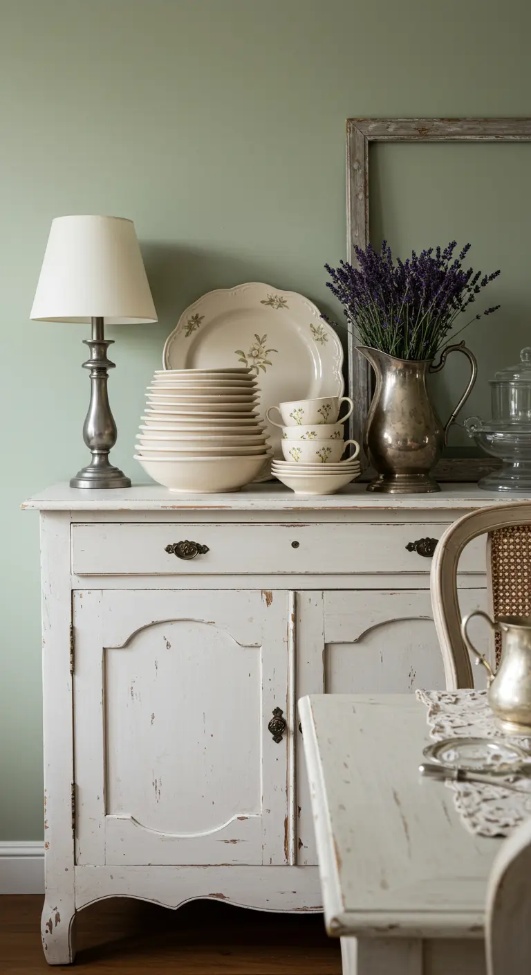Buffet blanc vintage avec une pile d'assiettes en céramique crème et un bouquet de lavande.