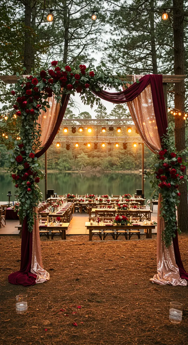 Arche de mariage florale rouge et drapée bordeaux/paillettes près d'un lac, guirlandes lumineuses.