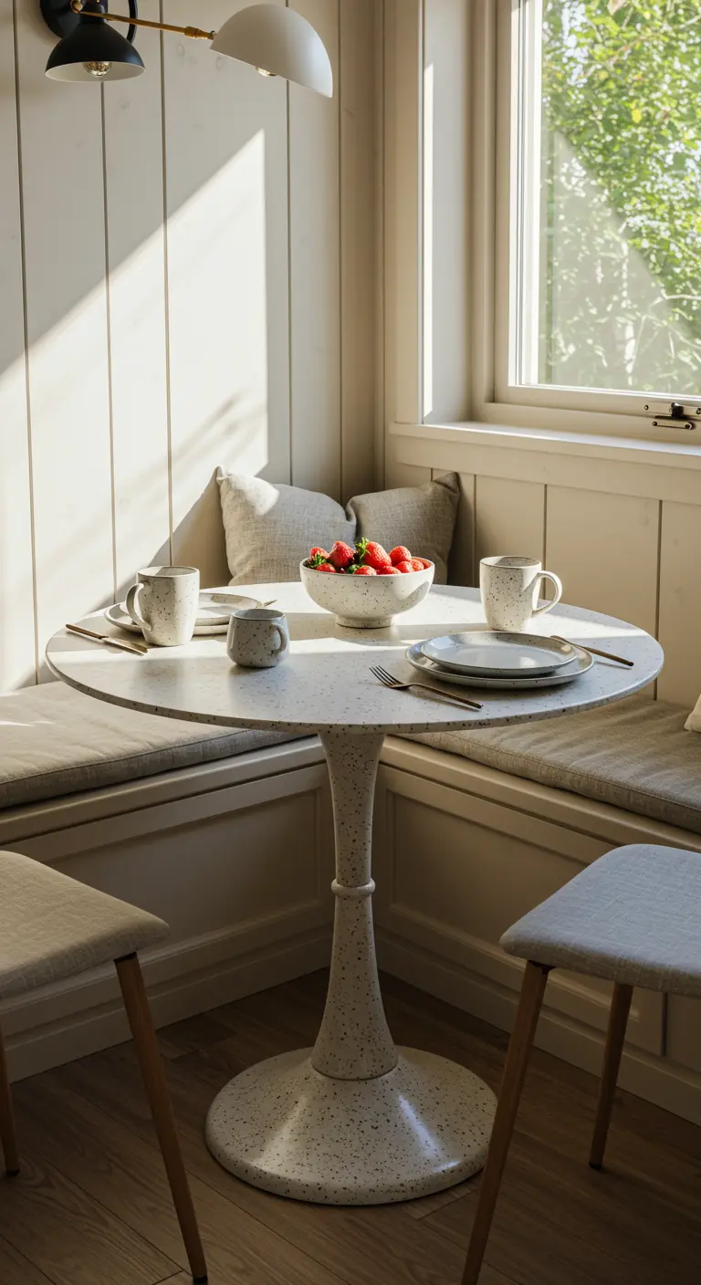 Coin petit-déjeuner lumineux avec une table ronde et des assiettes en céramique mouchetée.