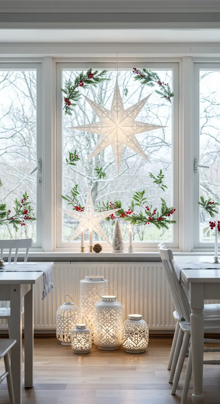 Décor de fenêtre scandinave avec étoiles en papier blanc, guirlandes de houx et lanternes blanches.