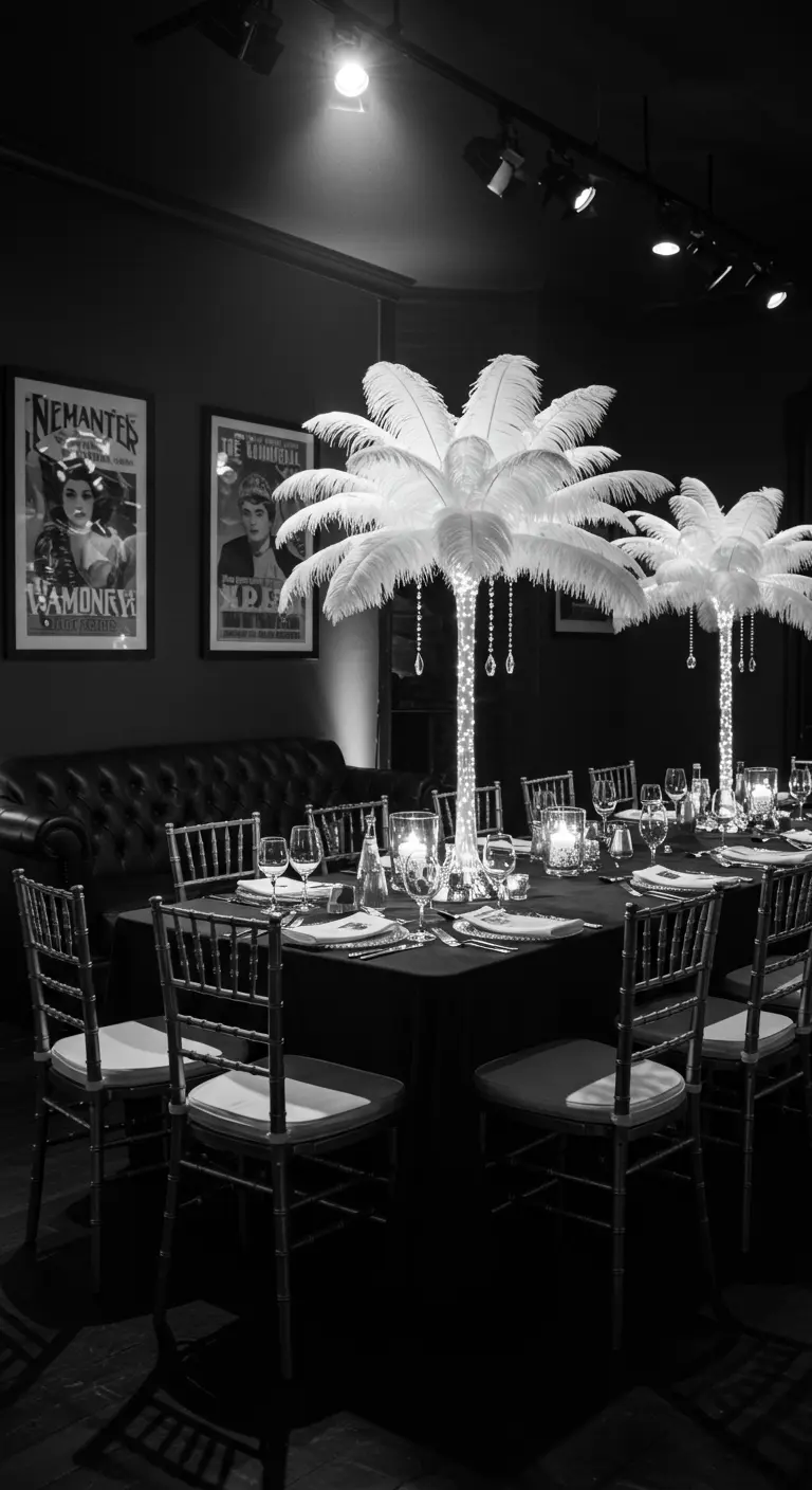 Table de dîner noire avec des centres de table hauts de plumes blanches lumineuses, ambiance monochrome.