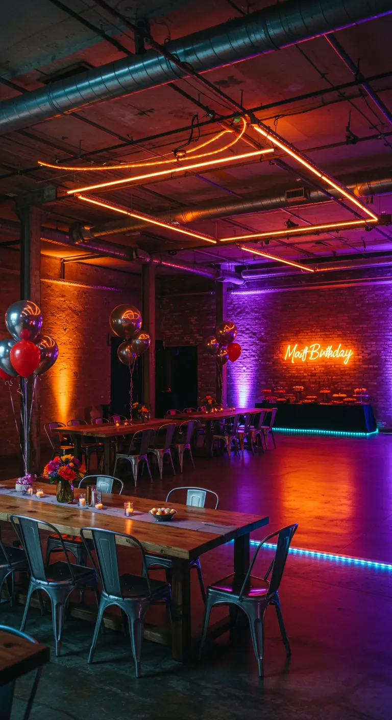 Salle de fête glamour avec des rideaux dorés scintillants, des néons fluo, des ballons dorés et noirs, et des tables élégantes.