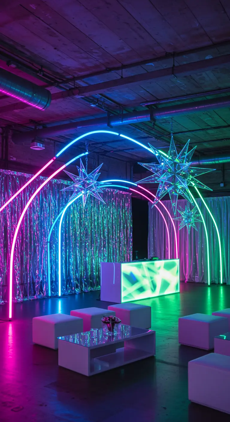 Une arche lumineuse en néon rose et turquoise avec des étoiles transparentes dans une salle de fête.