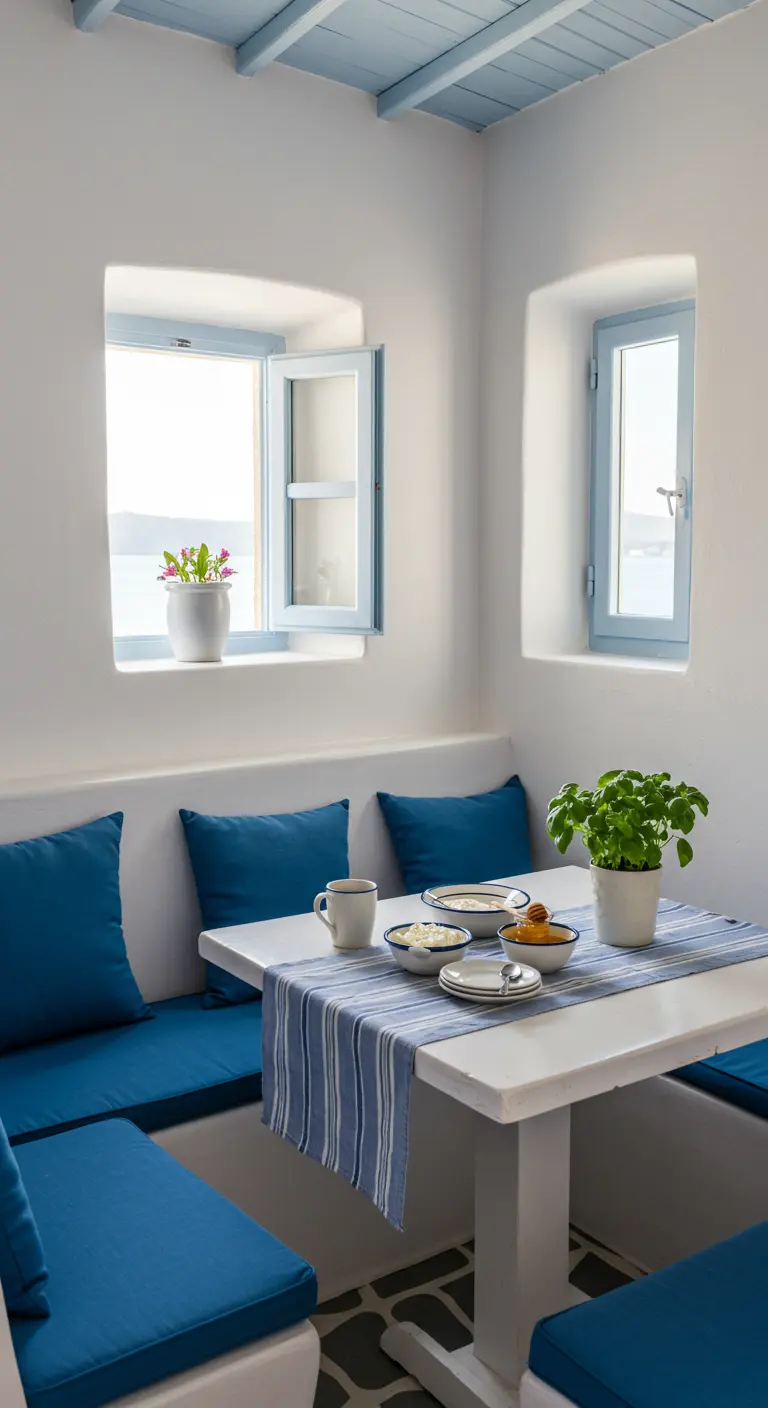 Petit coin repas avec banquettes et coussins bleus.