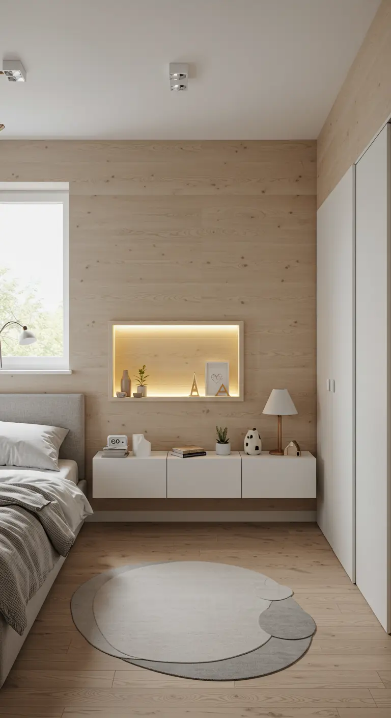 Chambre scandinave avec un mur en bois clair, une niche murale éclairée et des étagères flottantes.