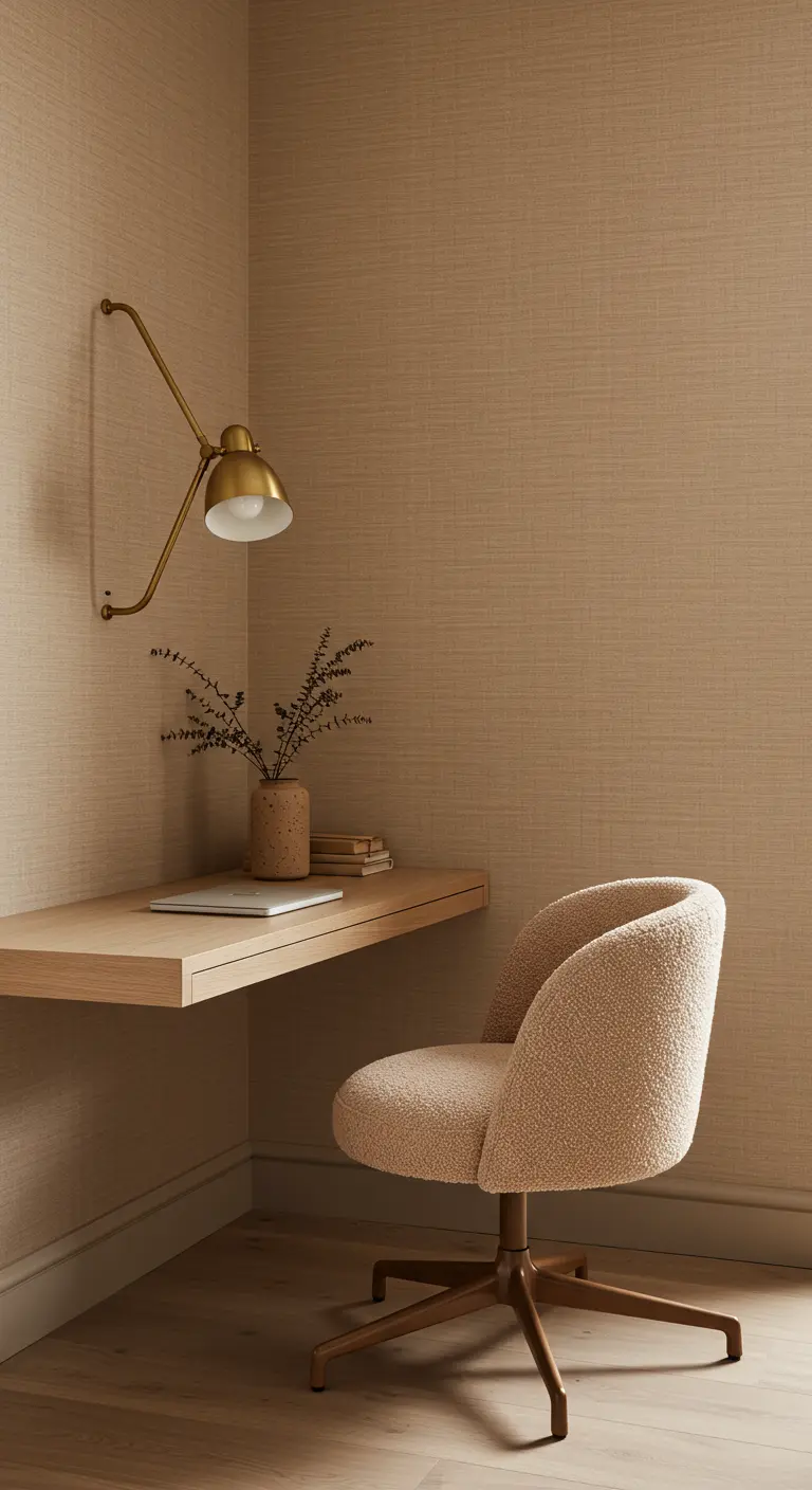 Petit bureau flottant en bois clair dans un coin avec un papier peint texturé beige.