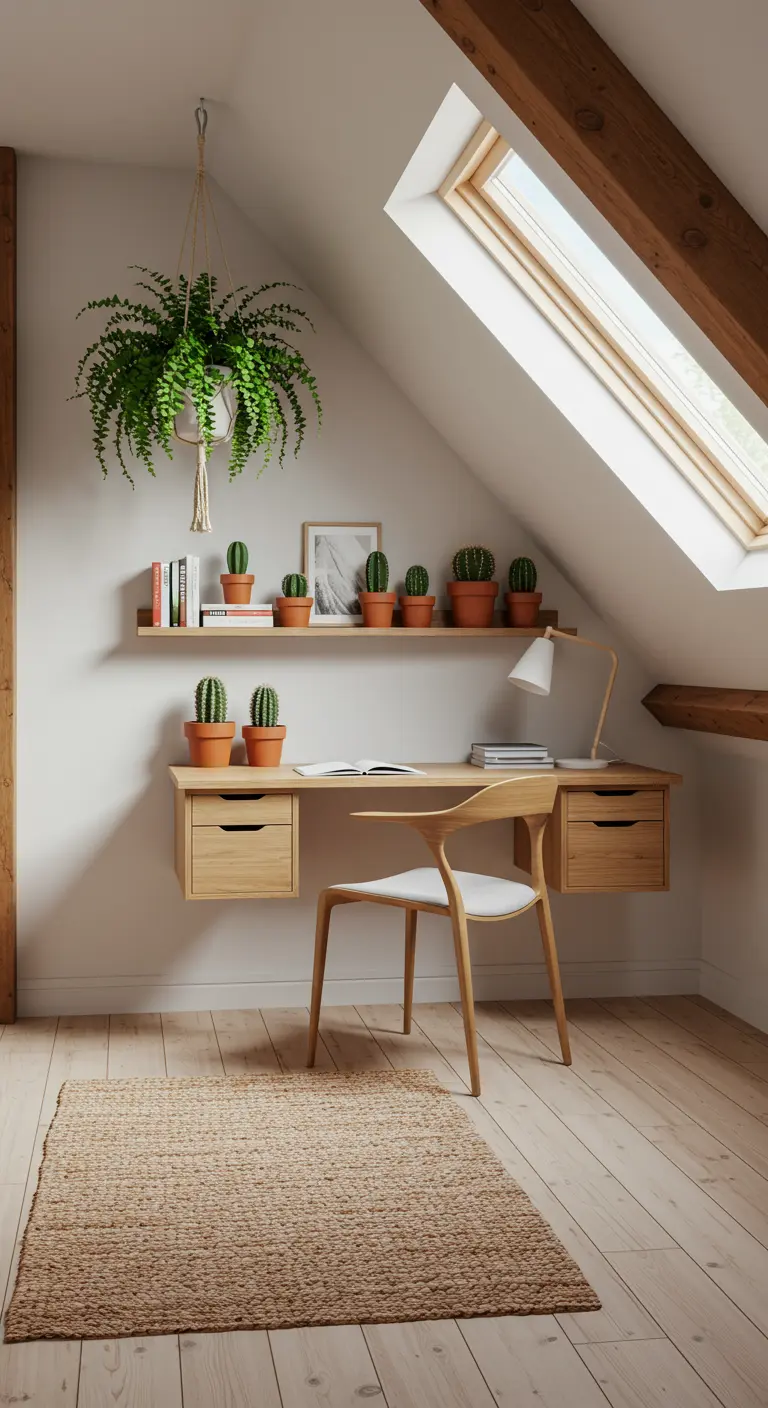 Bureau flottant sous une fenêtre de toit, avec une étagère de cactus et une fougère suspendue.