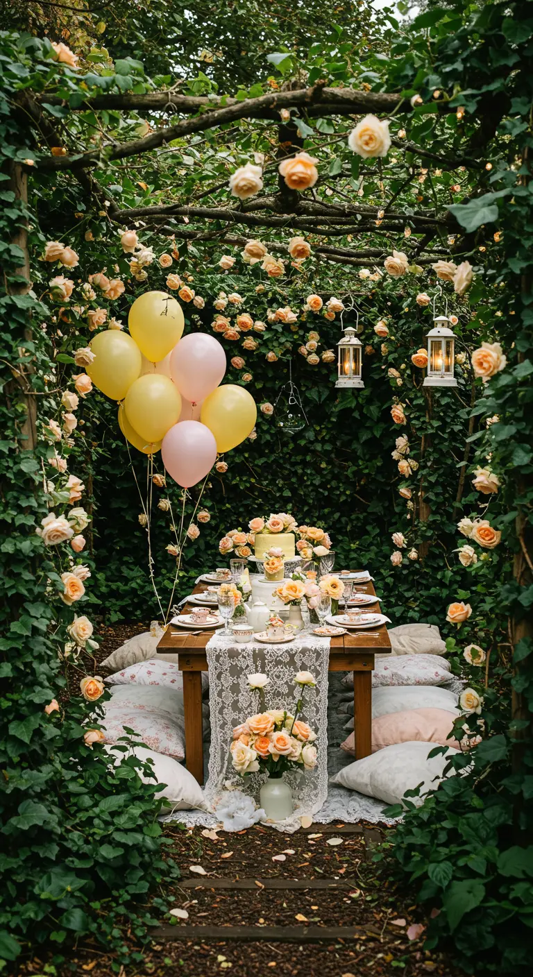 Petit coin de jardin intime avec table basse, coussins au sol, guirlandes de roses et lanternes.