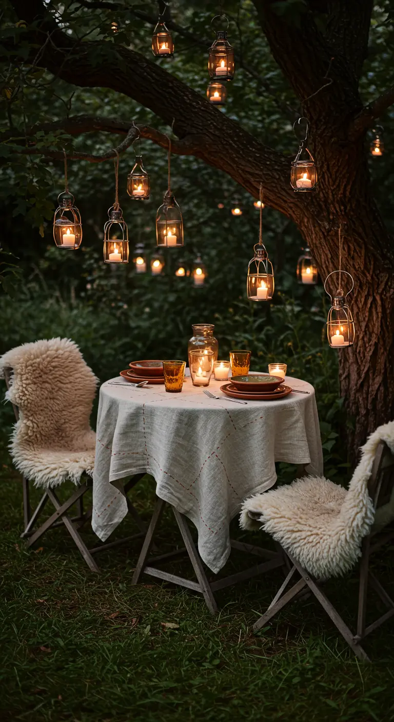 Table ronde sous un arbre avec lanternes suspendues, chaises avec plaids en fausse fourrure.