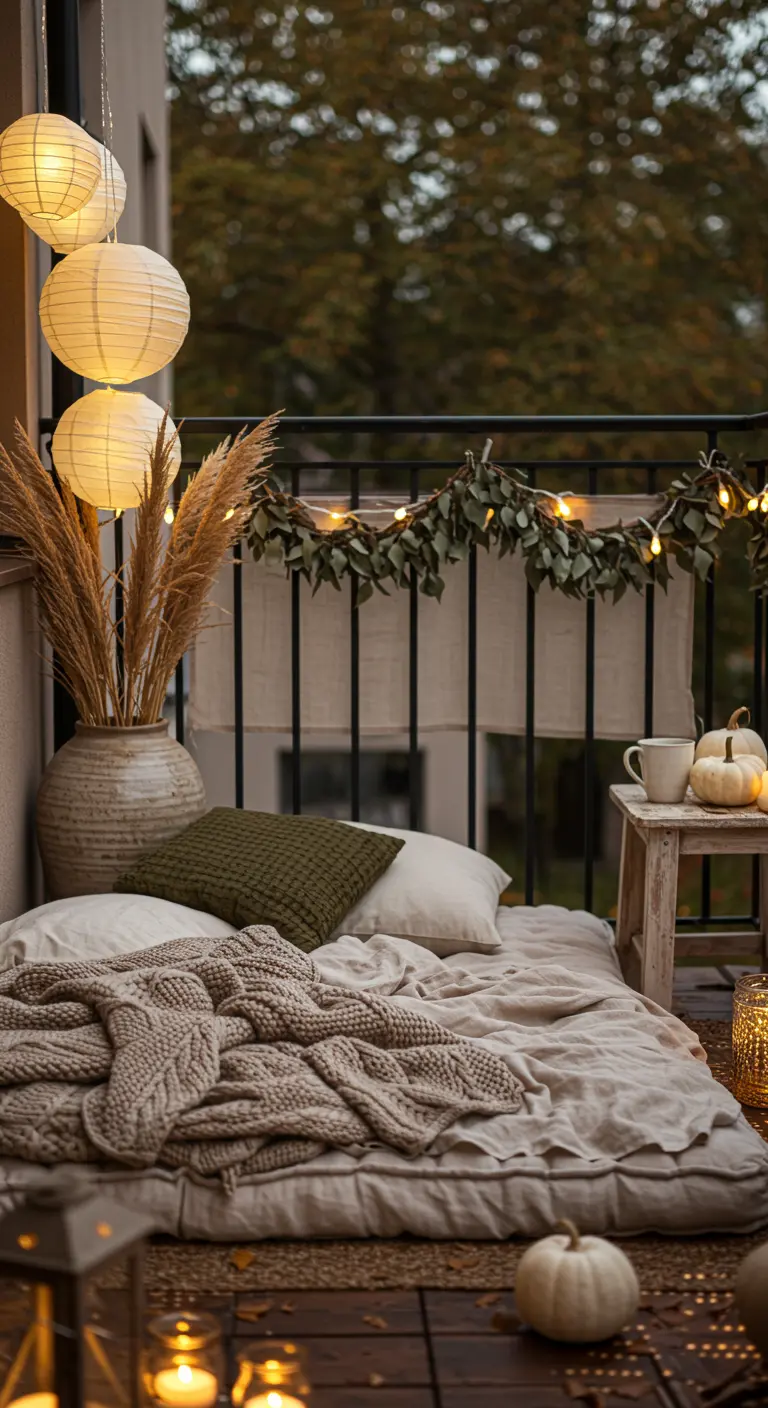 Balcon avec matelas au sol, coussins, plaids, lampions suspendus, guirlande d'eucalyptus et petites citrouilles.
