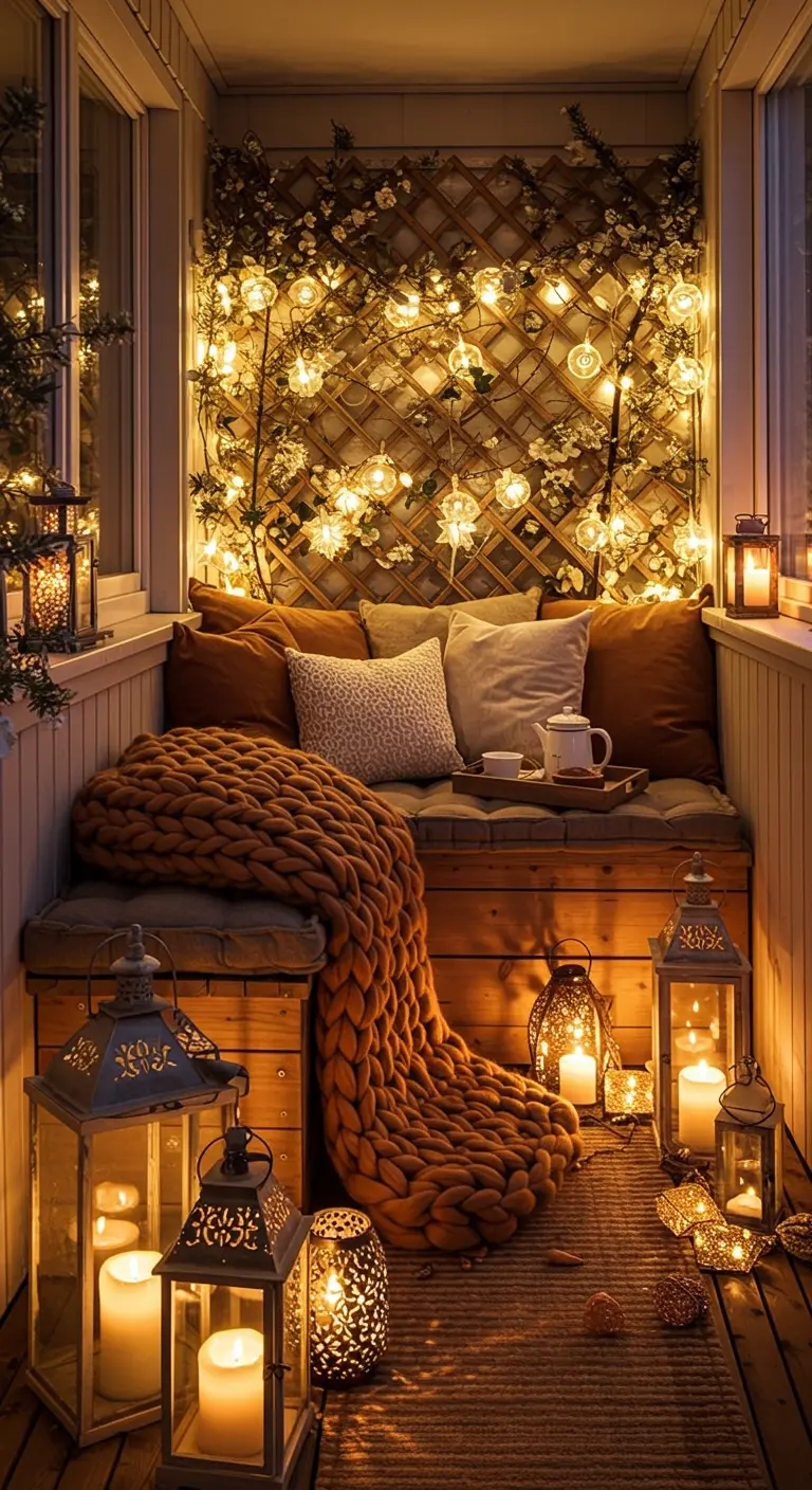 Balcon fermé avec treillis lumineux, banquette cosy, couverture tricotée et lanternes. 