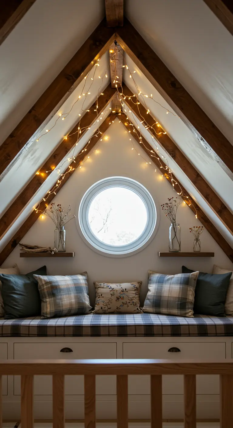 Coin lecture sous les combles avec des lumières féeriques et des coussins à carreaux.