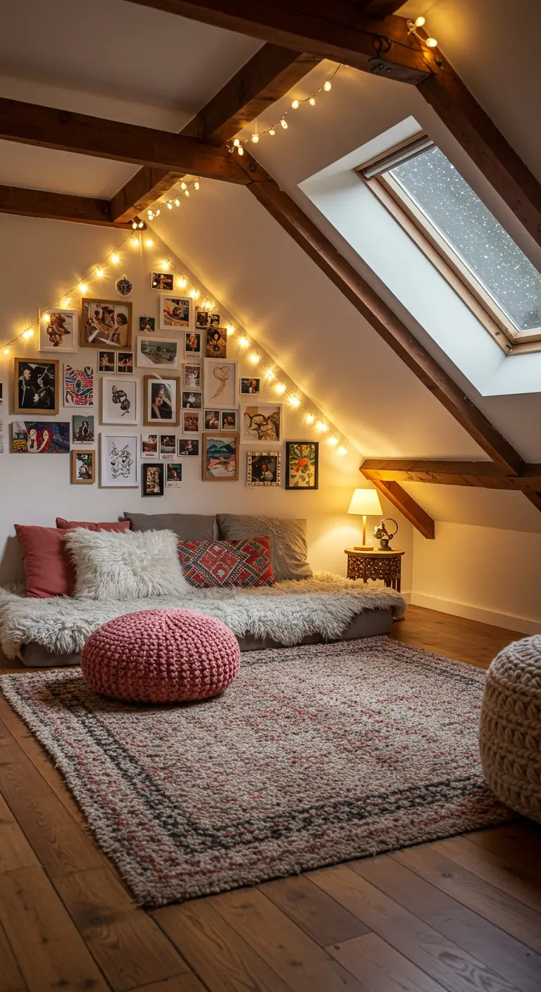 Coin lecture cosy sous les combles avec un lit de jour, des guirlandes lumineuses et un mur de photos.