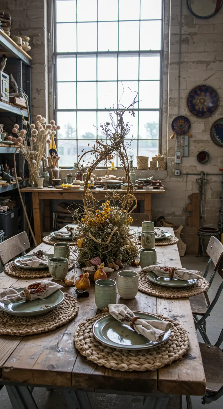 Centre de table artistique fait de vignes torsadées et de fleurs séchées.