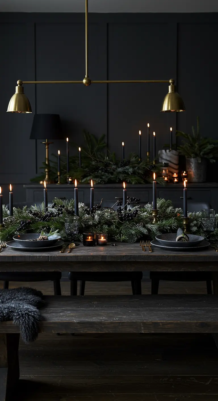 Centre de table de Noël sombre avec bougies noires, laiton et verdure.