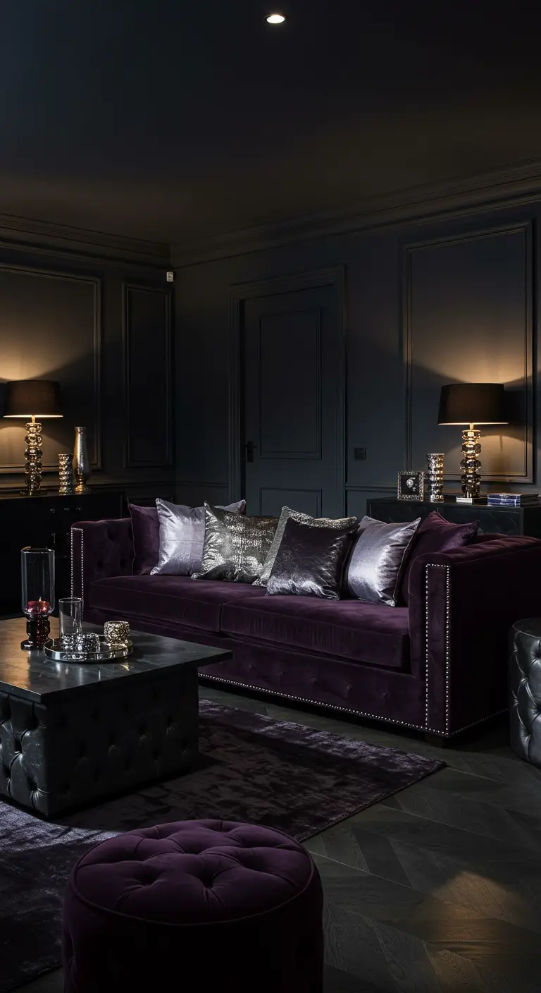 Canapé en velours violet foncé dans un salon sombre avec des coussins métalliques argentés.