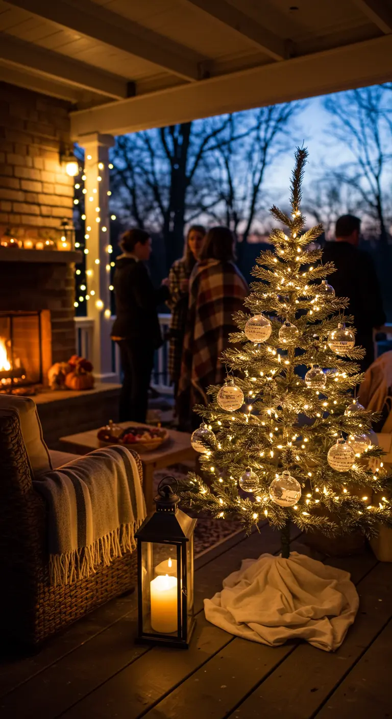 Petit sapin de Noël illuminé sur une terrasse extérieure la nuit.