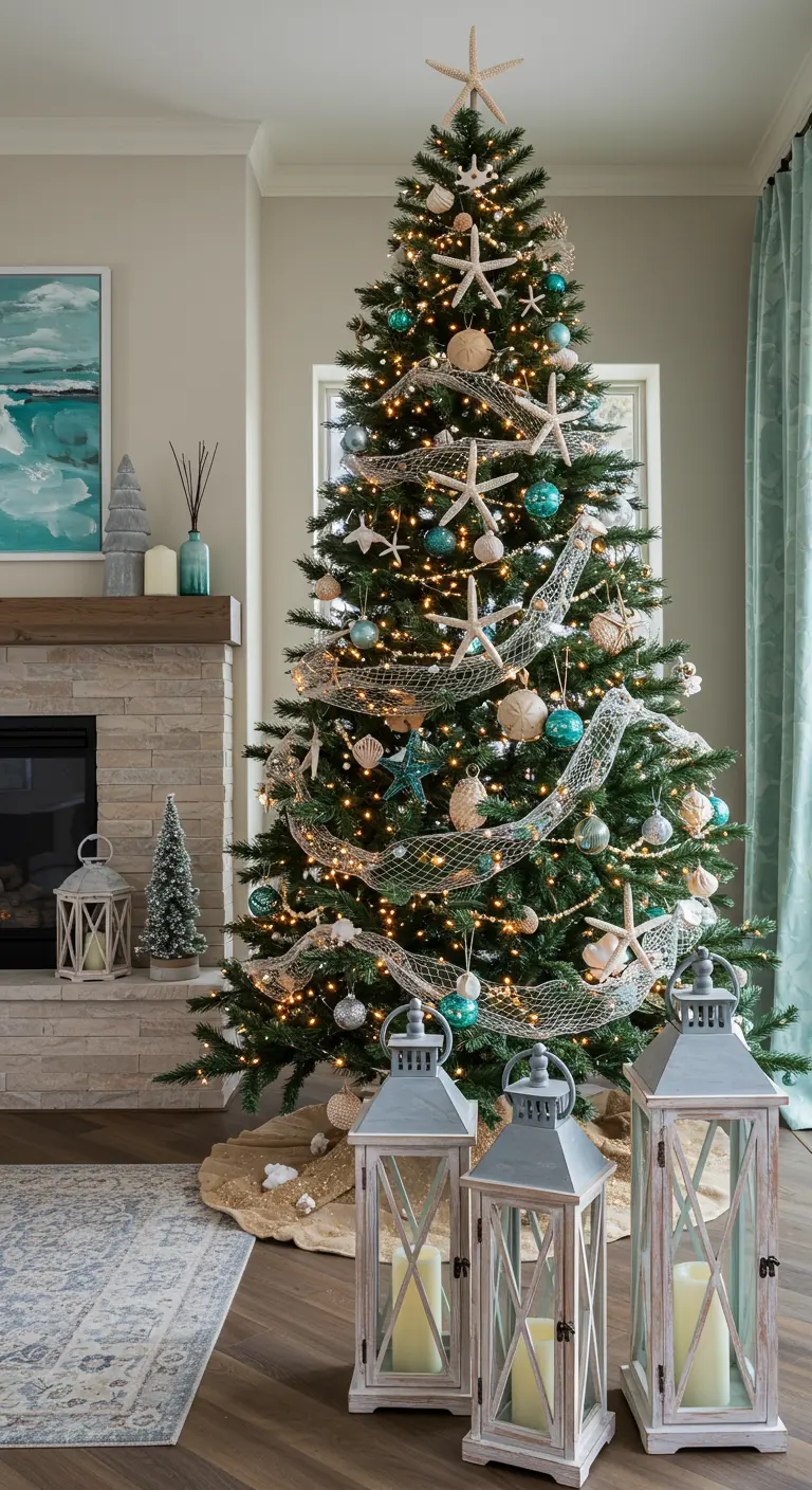 Sapin de Noël décoré avec un filet de pêche, des étoiles de mer et des coquillages.