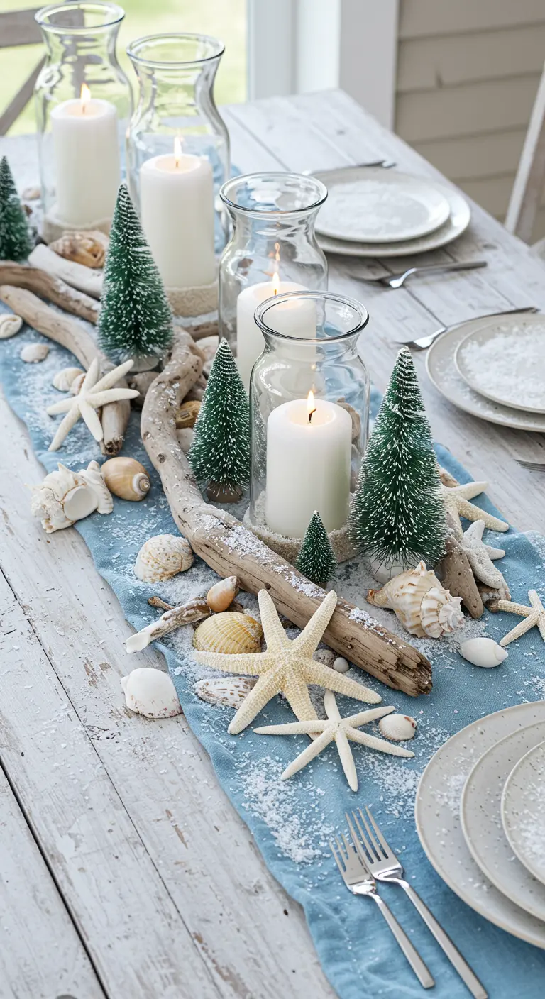 Table de Noël sur le thème de la plage avec bois flotté, étoiles de mer et sable.