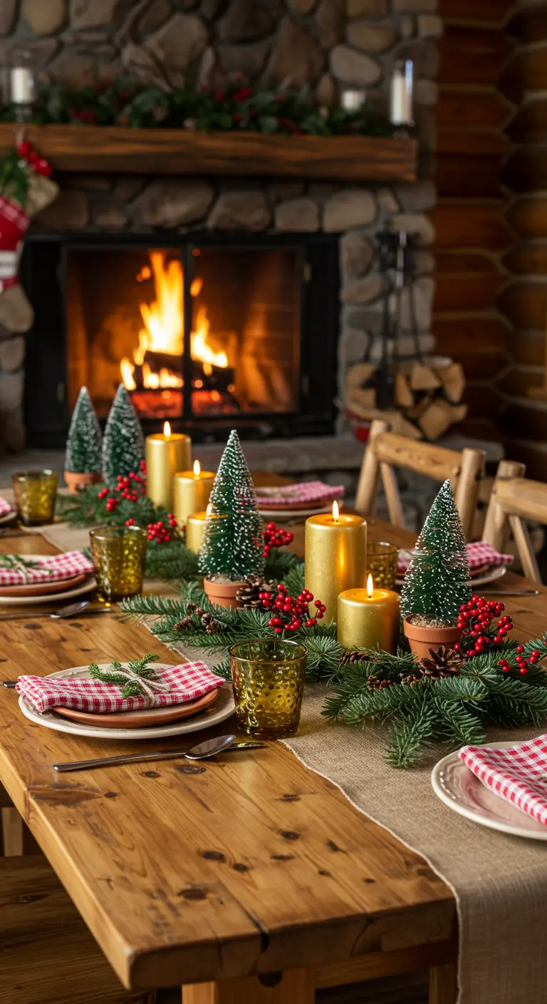 Table de Noël rustique devant une cheminée, avec bougies dorées et serviettes à carreaux.