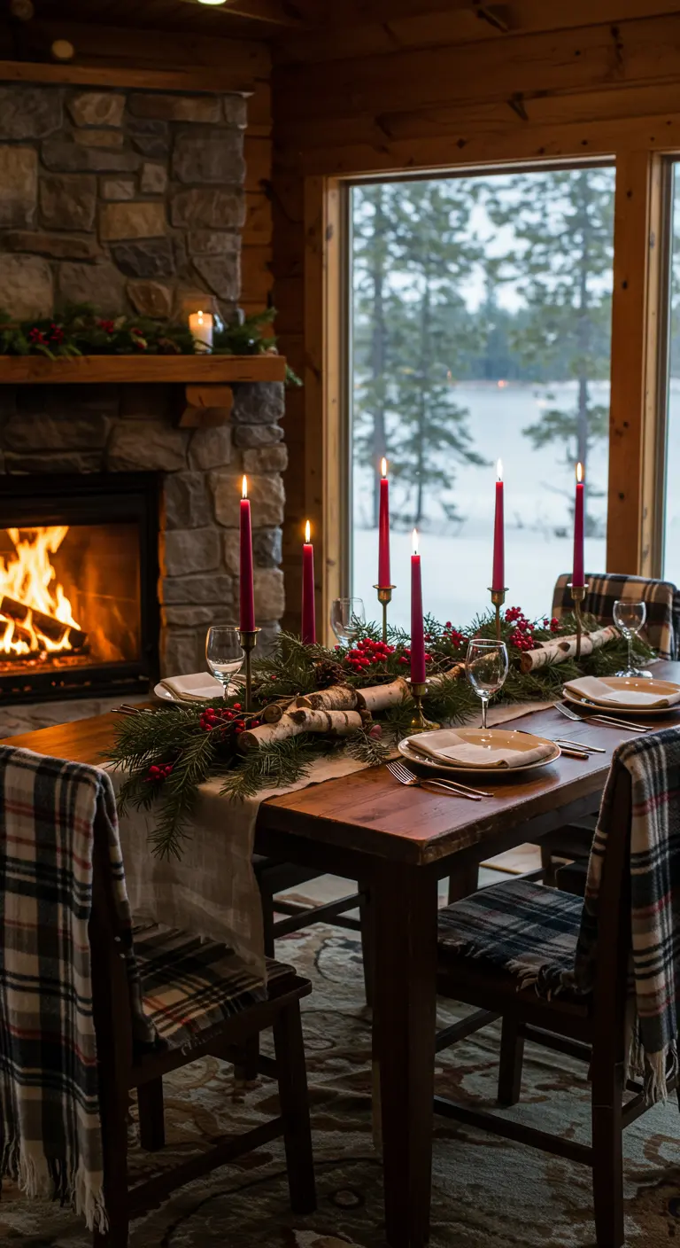 Table de dîner d'hiver près d'un feu, avec un centre de table en sapin et des chaises en tartan.
