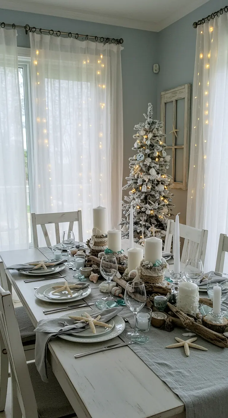 Table de Noël sur le thème de la mer avec bois flotté, étoiles de mer et tons blancs.