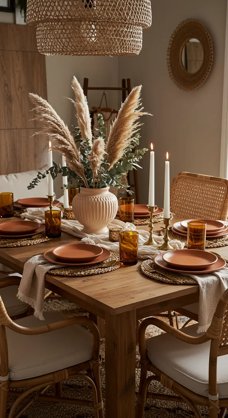 Table de fête bohème avec herbe de la pampa, eucalyptus et vaisselle terracotta.