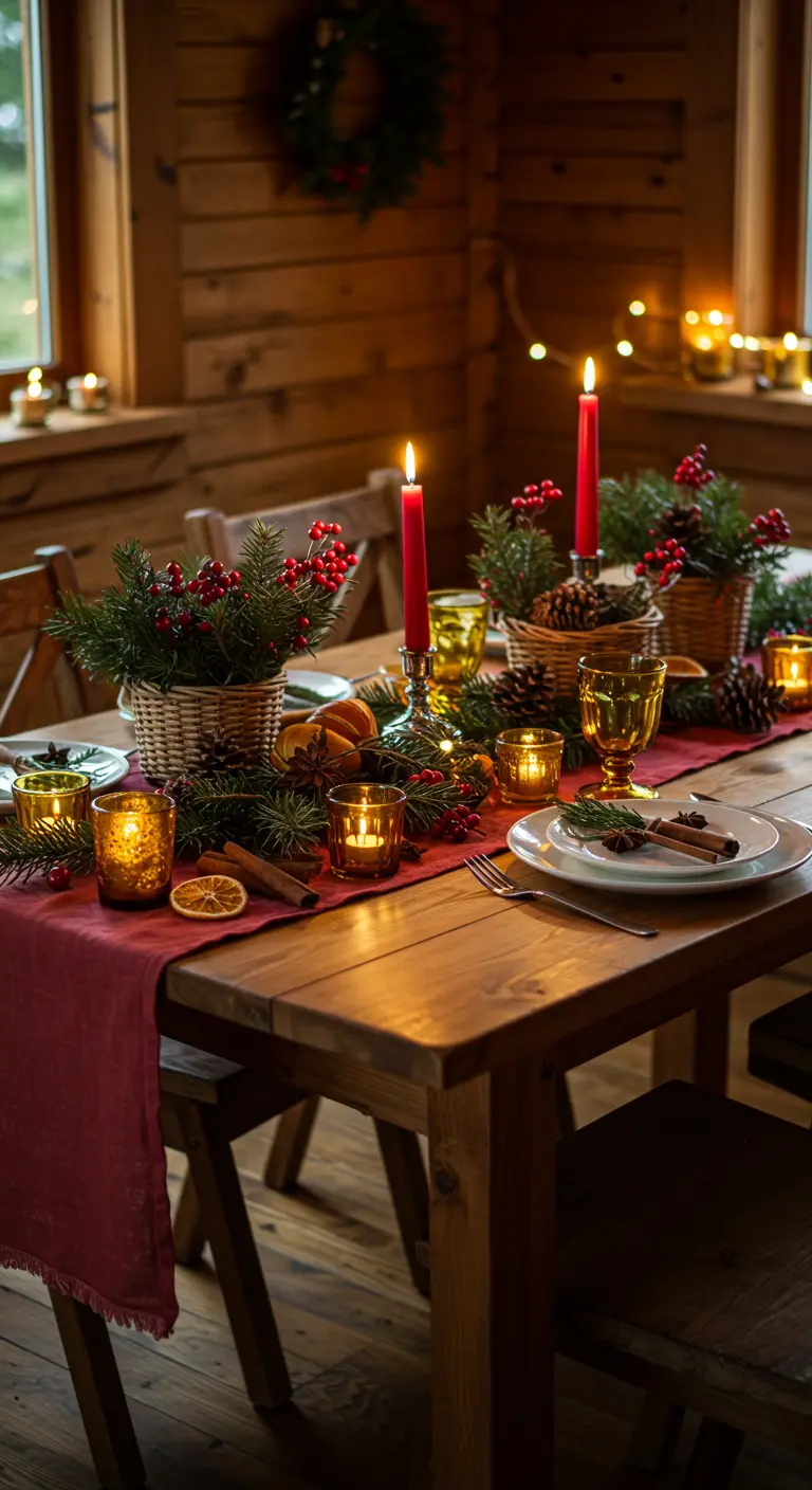 Table de Noël rustique avec chemin de table rouge, branches de sapin, bougies et verres ambrés.