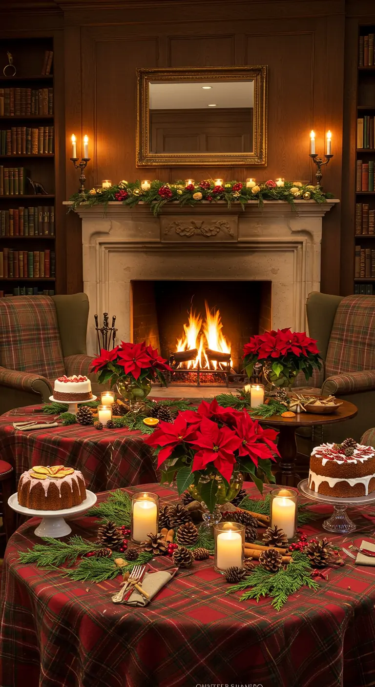 Tables d'anniversaire de Noël avec poinsettias rouges, bougies et nappes à carreaux écossais devant une cheminée.