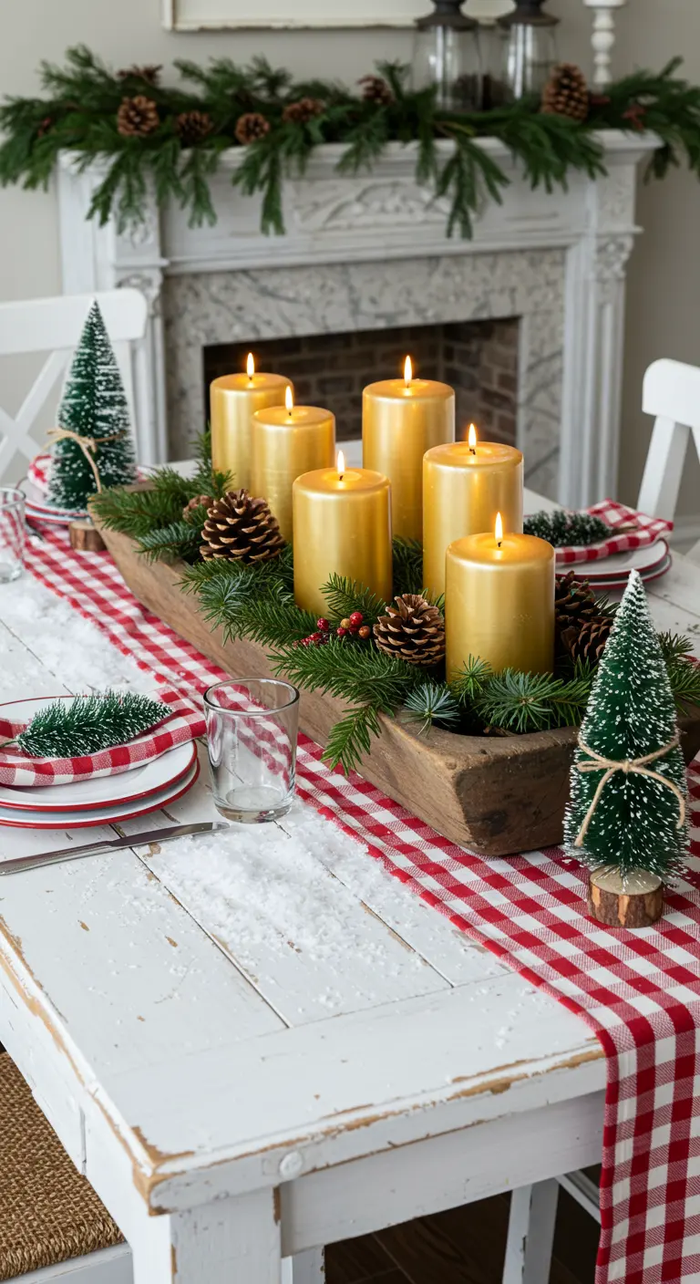 Centre de table dans une auge en bois avec bougies dorées sur une table à carreaux rouges.