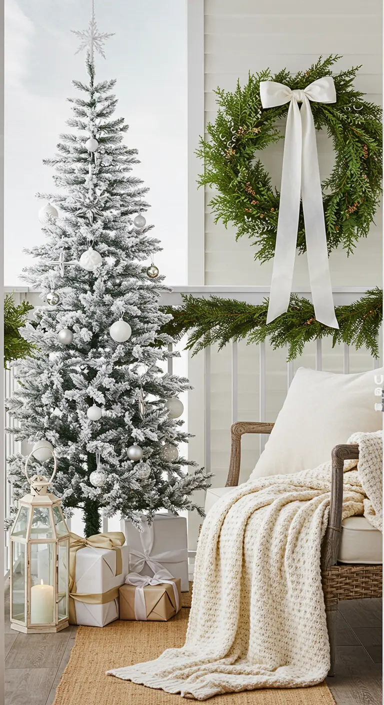 Balcon avec un sapin de Noël floqué, une couronne et des décorations blanches et neutres.