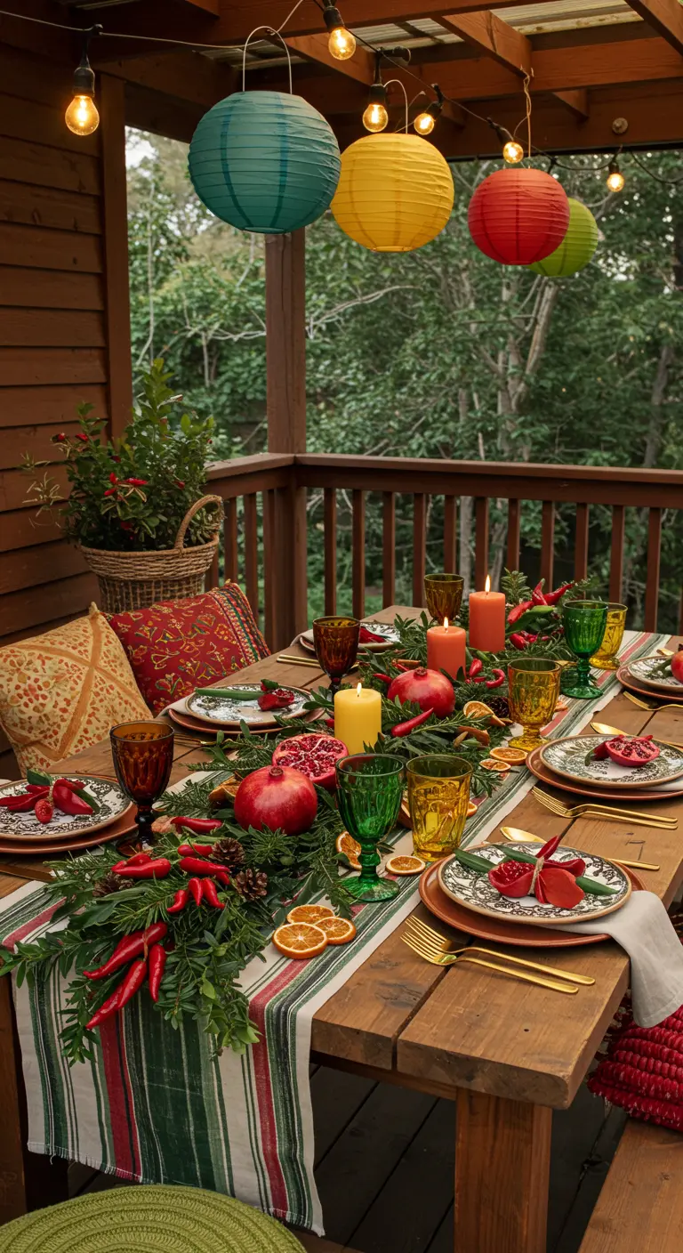 Table en bois extérieure avec chemin de table sapin, piments, grenades, bougies colorées et lanternes.