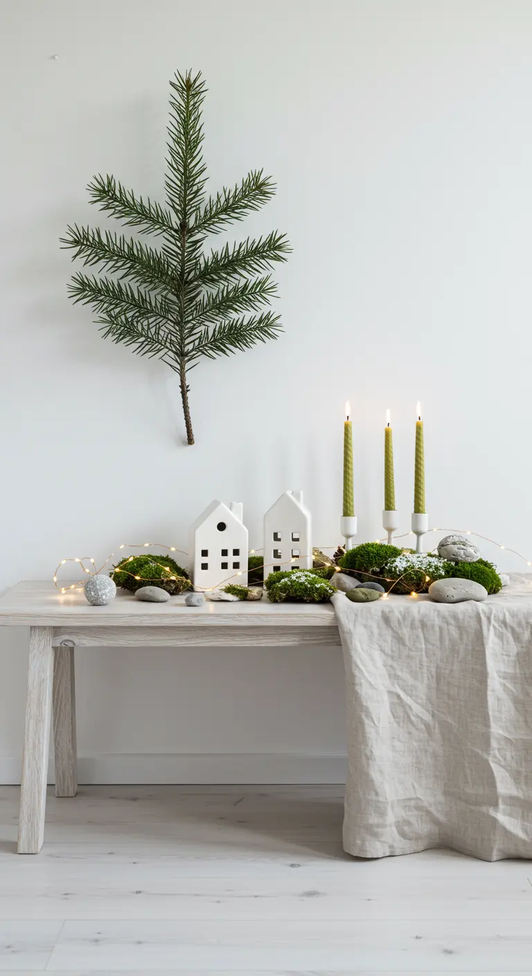Décor de table de Noël minimaliste scandinave avec mousse, pierres et petites maisons.