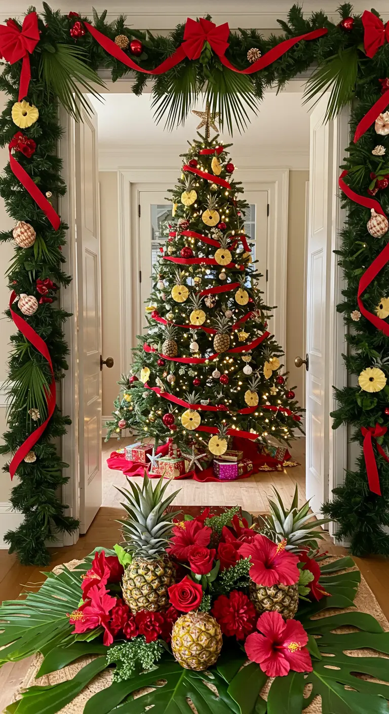 Sapin de Noël décoré avec des tranches d'ananas et des rubans rouges.