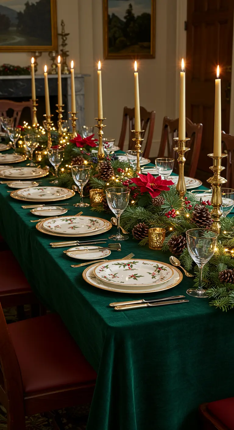 Longue table de Noël avec nappe en velours vert, guirlande de sapin, bougies dorées et vaisselle festive.
