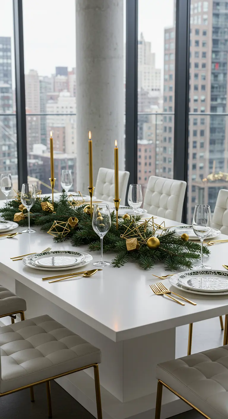 Table moderne blanche avec chemin de table sapin, décorations géométriques dorées et bougies.