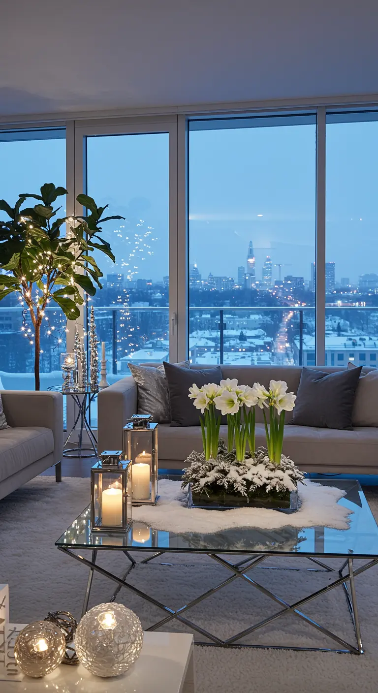 Salon moderne avec vue sur la ville, centre de table enneigé avec fleurs blanches.