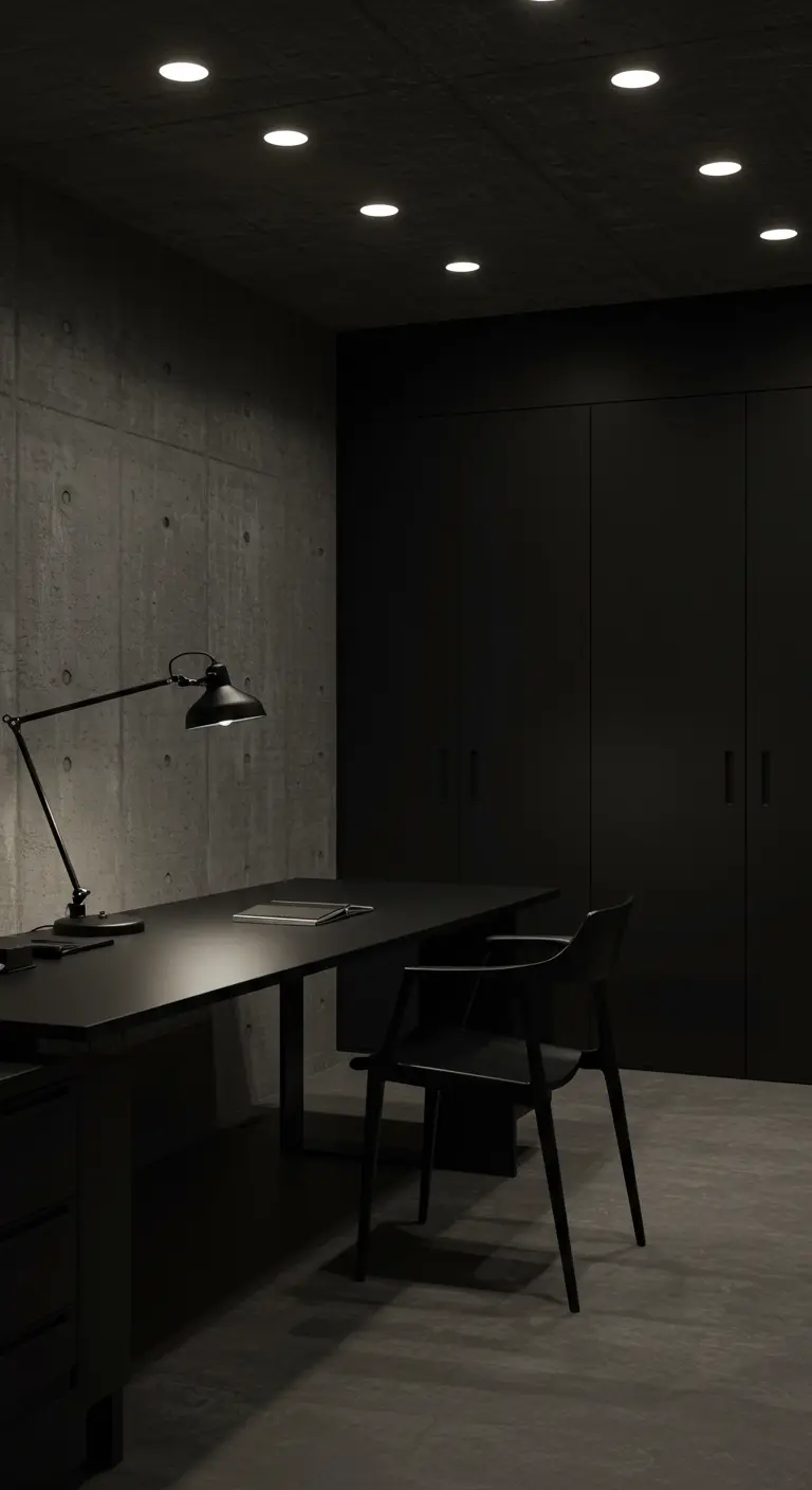 Bureau noir dans une pièce sombre avec murs en béton et éclairage directionnel.