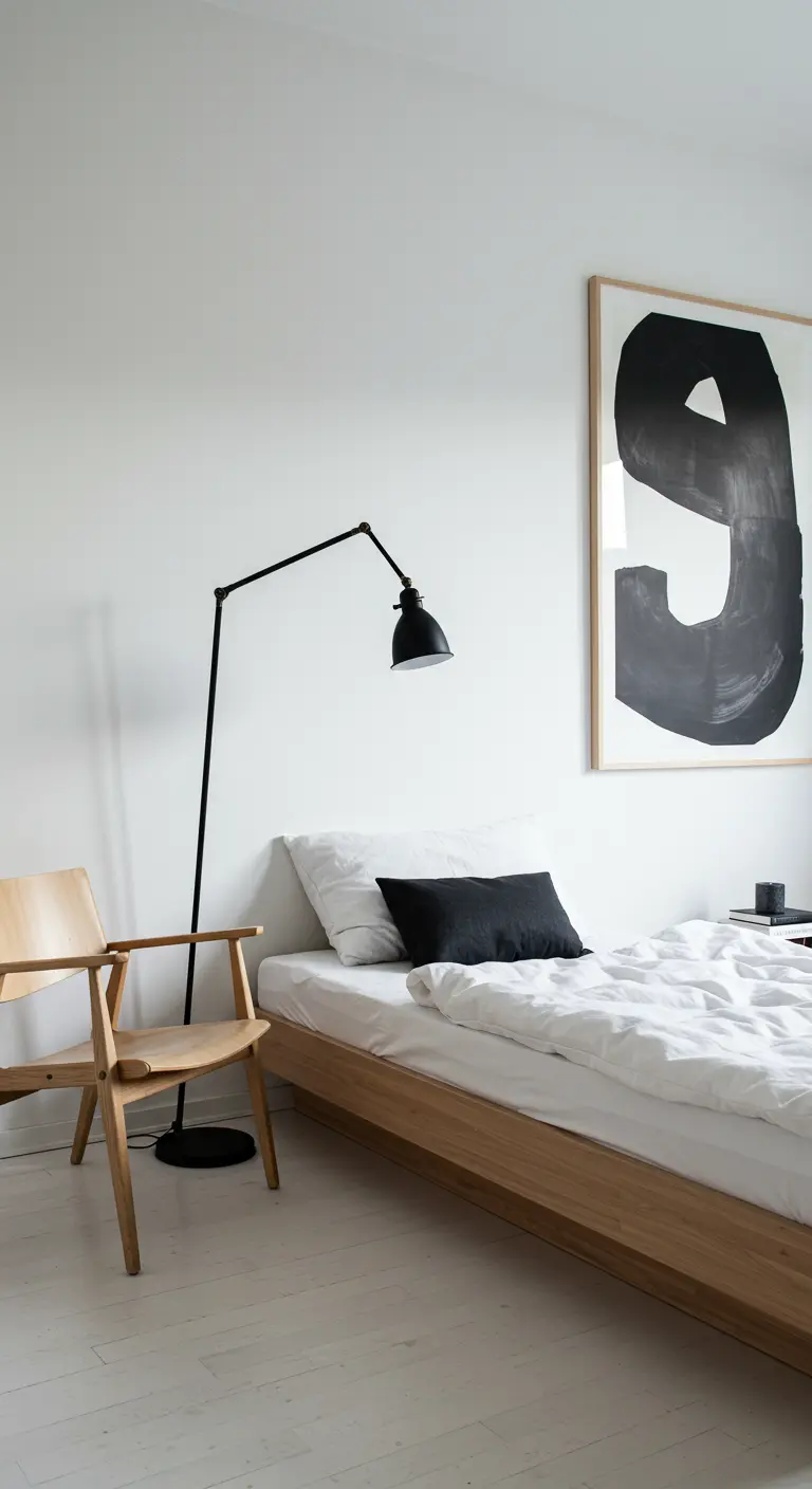 Chambre minimaliste blanche et noire avec un lit en bois, une grande affiche et un fauteuil design.